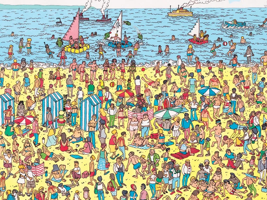 Crowded beach scene for finding Charlie